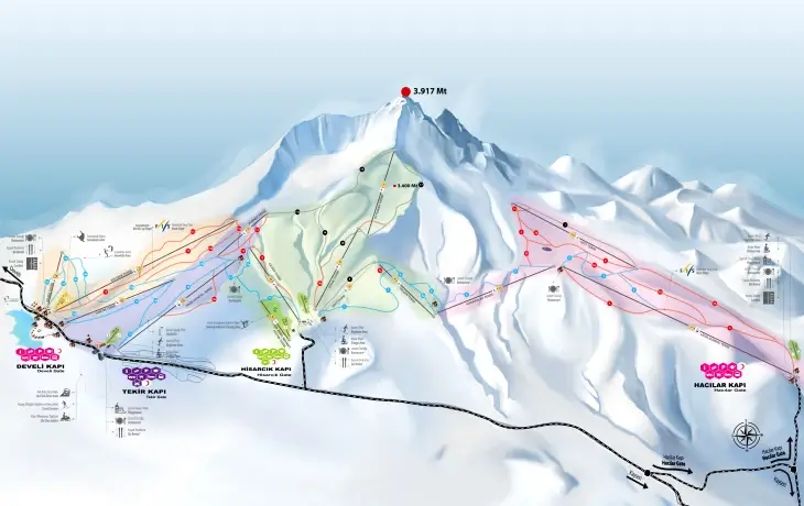 Erciyes Kayak Merkezi pist haritası, farklı seviyelere ayrılmış kayak ve snowboard parkurları